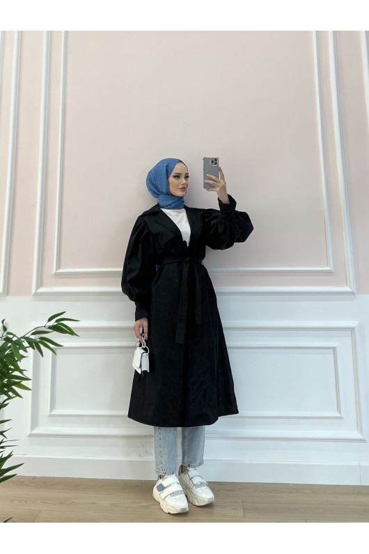5102 - Balon Kol Tesettür Trençkot Si̇yah-D3