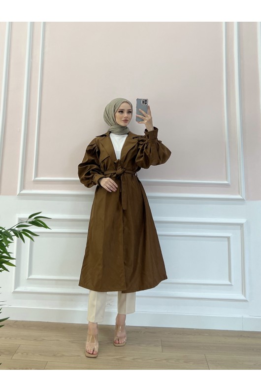 5102 - Balon Kol Tesettür Trençkot Taba-D3