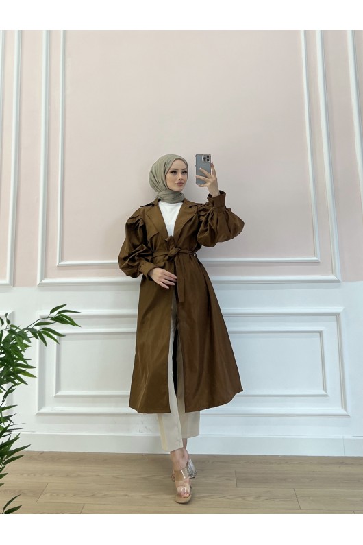 5102 - Balon Kol Tesettür Trençkot Taba-D3