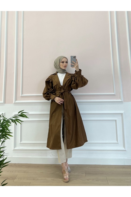 5102 - Balon Kol Tesettür Trençkot Taba-D3