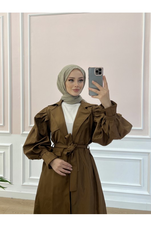 5102 - Balon Kol Tesettür Trençkot Taba-D3