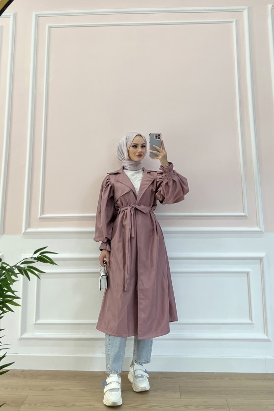 5102 - Balon Kol Tesettür Trençkot Pembe-D3