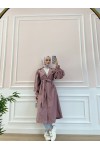 5102 - Balon Kol Tesettür Trençkot Pembe-D3