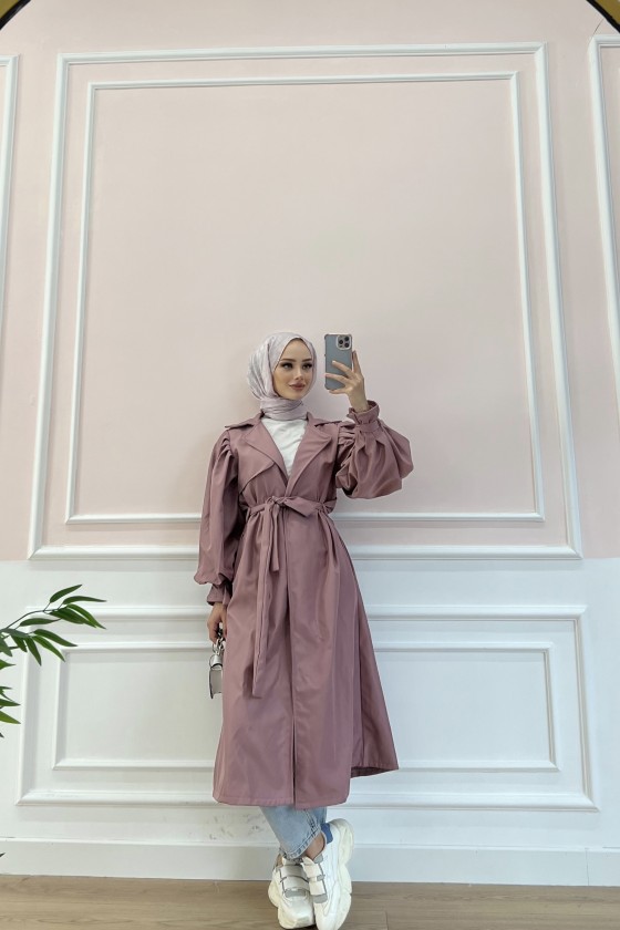 5102 - Balon Kol Tesettür Trençkot Pembe-D3 5102 - Balon Kol Tesettür Trençkot Pembe-D3