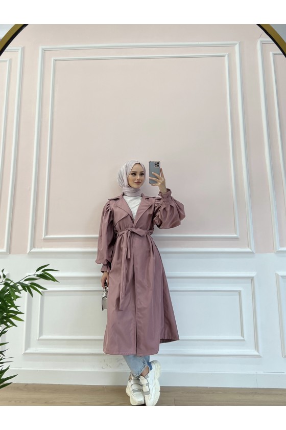 5102 - Balon Kol Tesettür Trençkot Pembe-D3