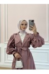 5102 - Balon Kol Tesettür Trençkot Pembe-D3