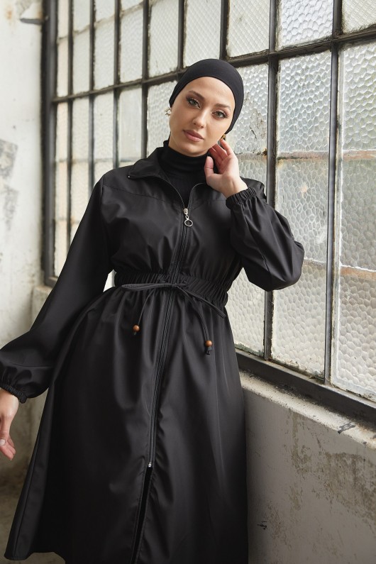 7373 - Bel Büzgülü Tesettür Trençkot Si̇yah-F6