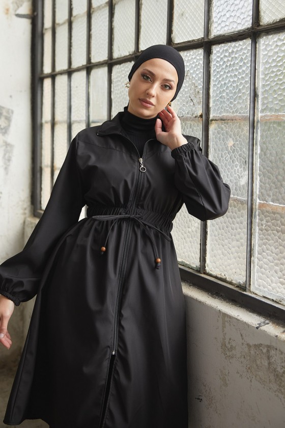 7373 - Bel Büzgülü Tesettür Trençkot Si̇yah-F6