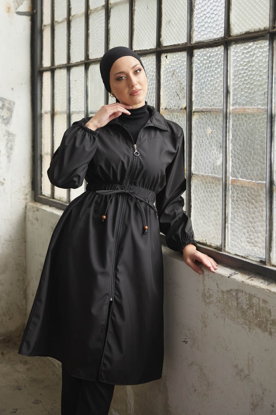 7373 - Bel Büzgülü Tesettür Trençkot Si̇yah-F6 7373 - Bel Büzgülü Tesettür Trençkot Si̇yah-F6