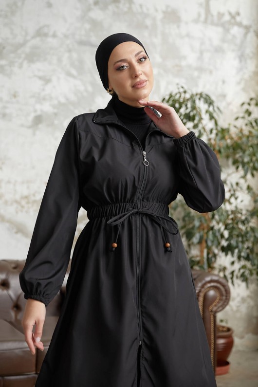 7373 - Bel Büzgülü Tesettür Trençkot Si̇yah-F6