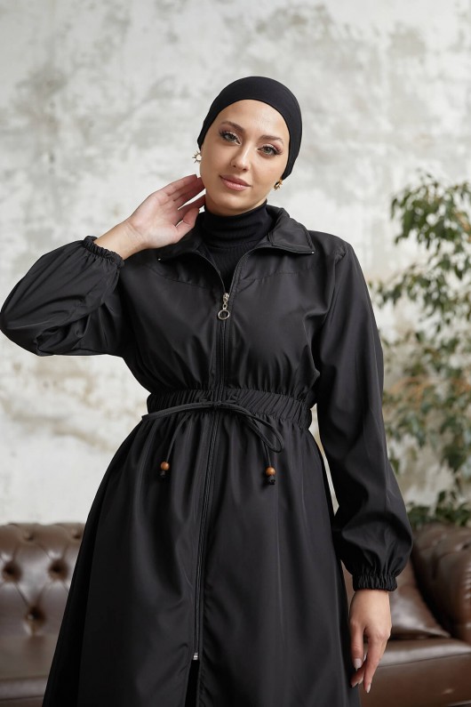 7373 - Bel Büzgülü Tesettür Trençkot Si̇yah-F6