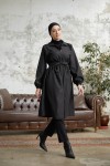 7373 - Bel Büzgülü Tesettür Trençkot Si̇yah-F6