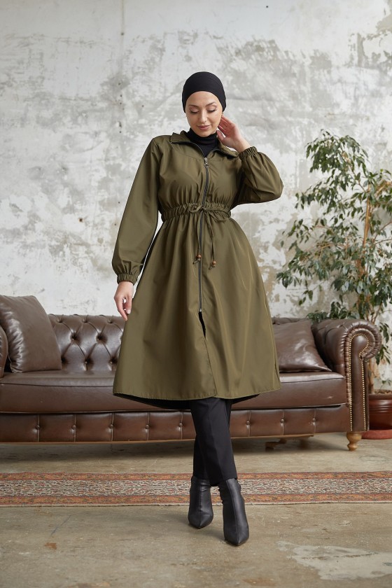 7373 - Bel Büzgülü Tesettür Trençkot Haki̇-F6