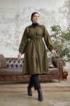 7373 - Bel Büzgülü Tesettür Trençkot Haki̇-F6