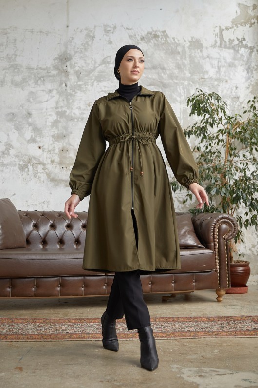 7373 - Bel Büzgülü Tesettür Trençkot Haki̇-F6