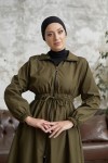 7373 - Bel Büzgülü Tesettür Trençkot Haki̇-F6