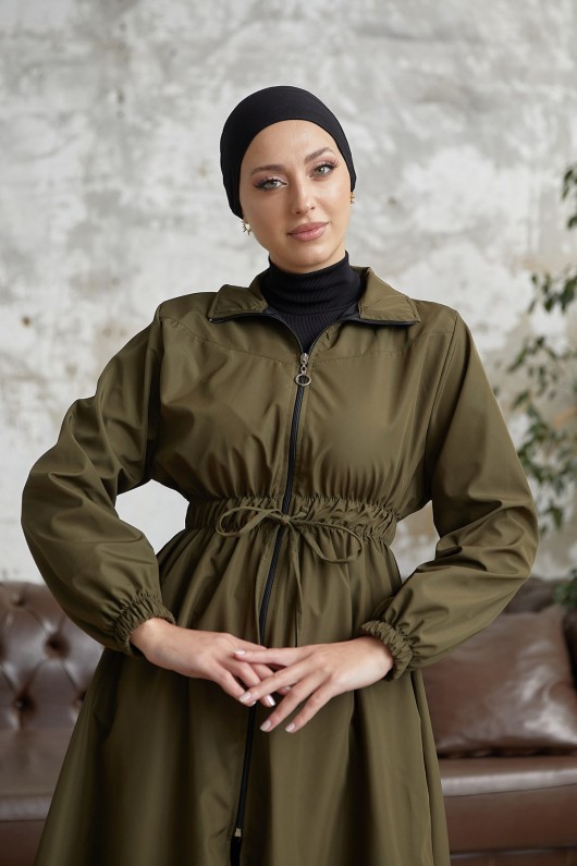7373 - Bel Büzgülü Tesettür Trençkot Haki̇-F6