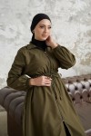 7373 - Bel Büzgülü Tesettür Trençkot Haki̇-F6