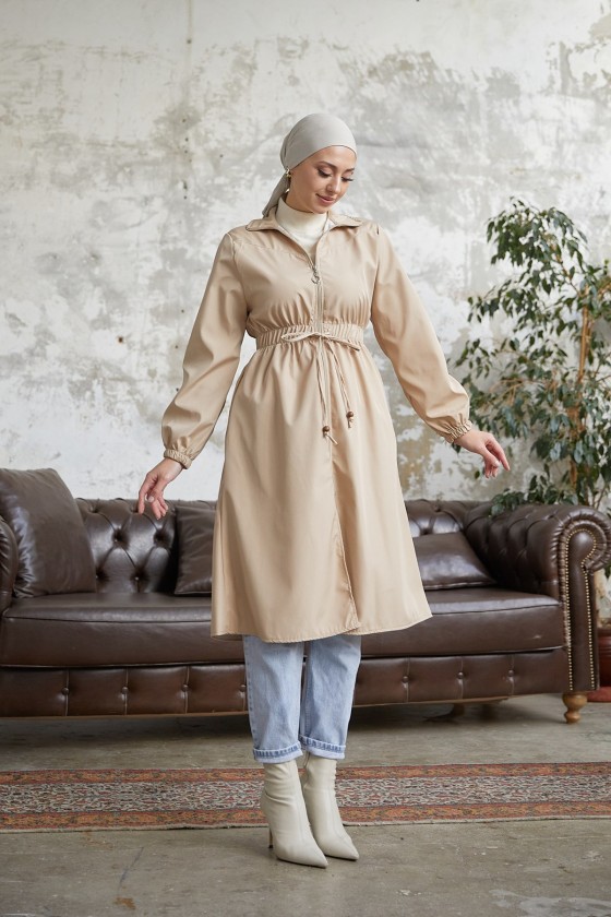 7373 - Bel Büzgülü Tesettür Trençkot Bej-F6 7373 - Bel Büzgülü Tesettür Trençkot Bej-F6