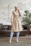 7373 - Bel Büzgülü Tesettür Trençkot Bej-F6