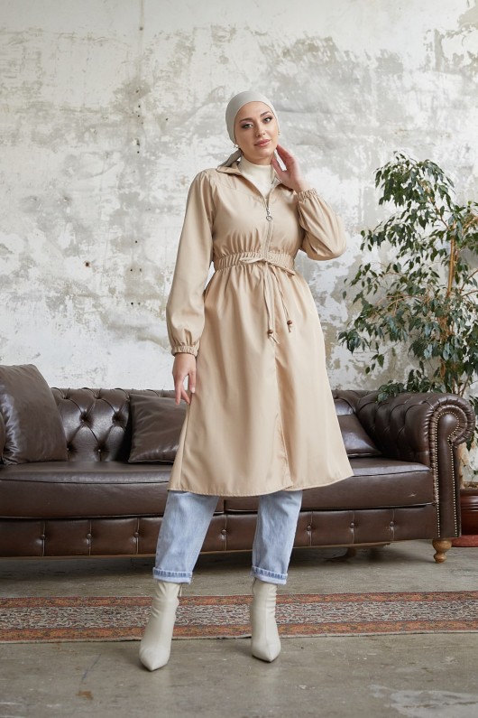7373 - Bel Büzgülü Tesettür Trençkot Bej-F6