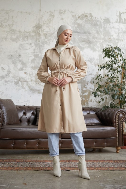 7373 - Bel Büzgülü Tesettür Trençkot Bej-F6