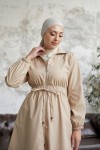 7373 - Bel Büzgülü Tesettür Trençkot Bej-F6