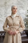 7373 - Bel Büzgülü Tesettür Trençkot Bej-F6