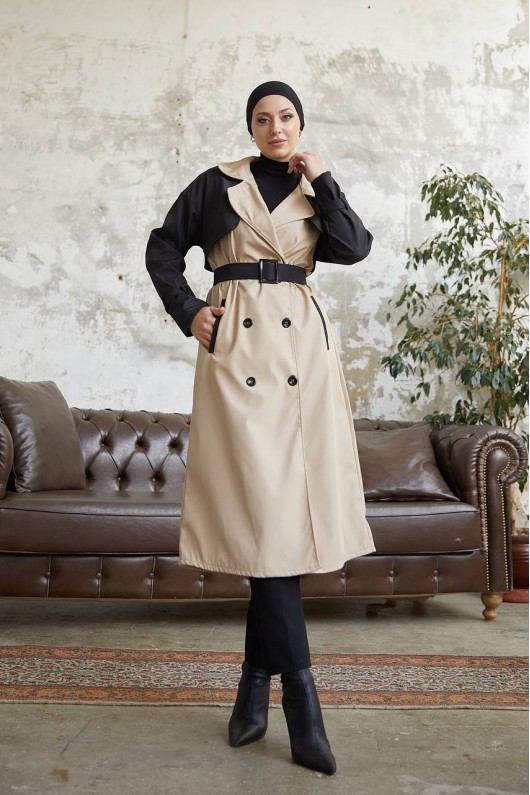 8858 - İki Renk Trençkot Si̇yah-E3