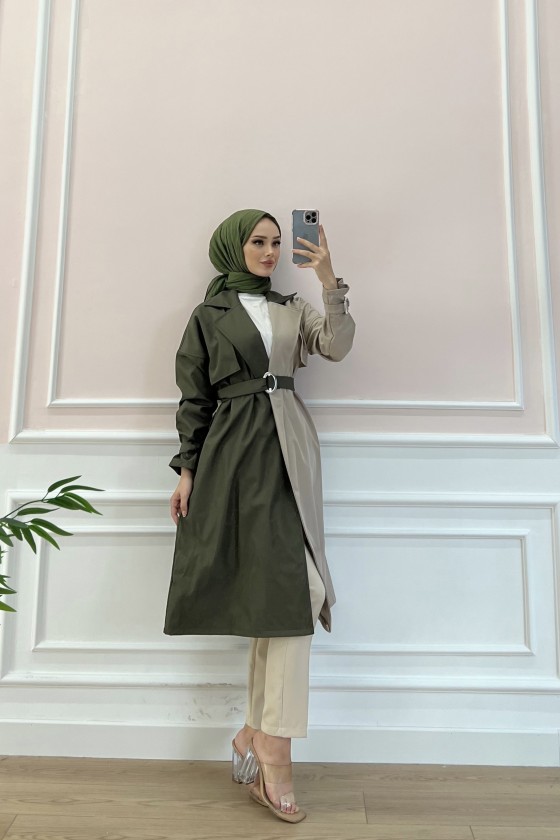 100016 - İki Renk Trençkot Haki̇- Bej-C4