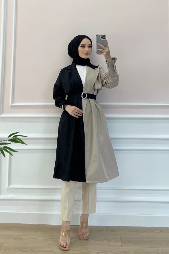 100016 - İki Renk Trençkot Si̇yah-C4