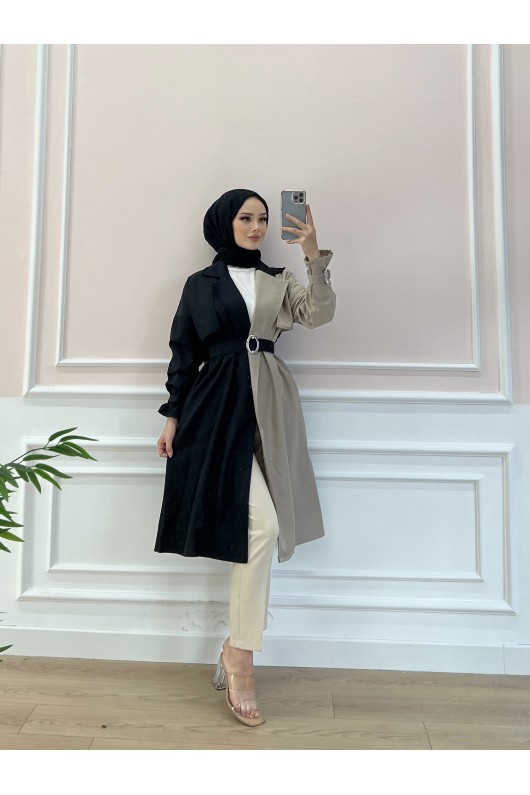 100016 - İki Renk Trençkot Si̇yah-C4