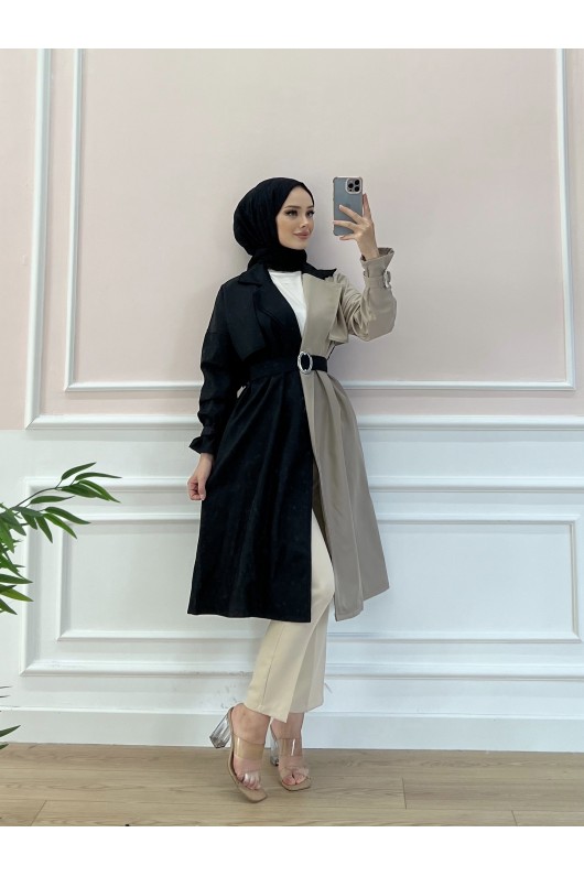 100016 - İki Renk Trençkot Si̇yah-C4