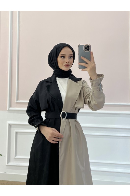 100016 - İki Renk Trençkot Si̇yah-C4