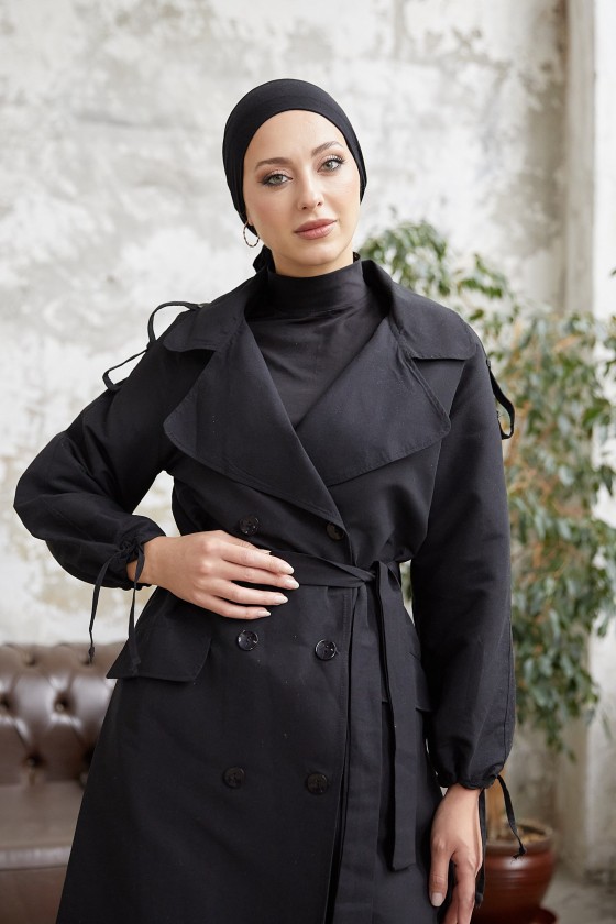 10543 - Tesettür Trençkot Si̇yah-F5