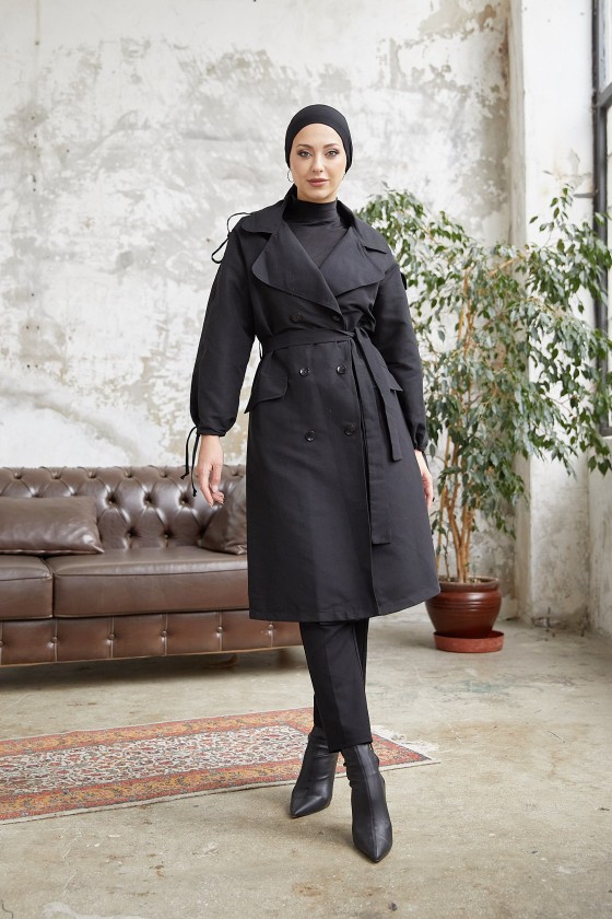 10543 - Tesettür Trençkot Si̇yah-F5 10543 - Tesettür Trençkot Si̇yah-F5