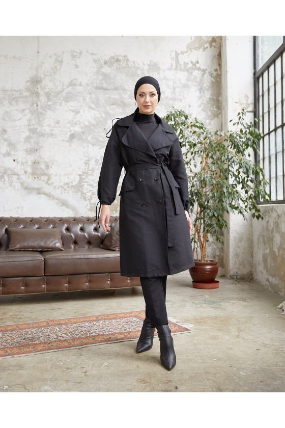10543 - Tesettür Trençkot Si̇yah-F5