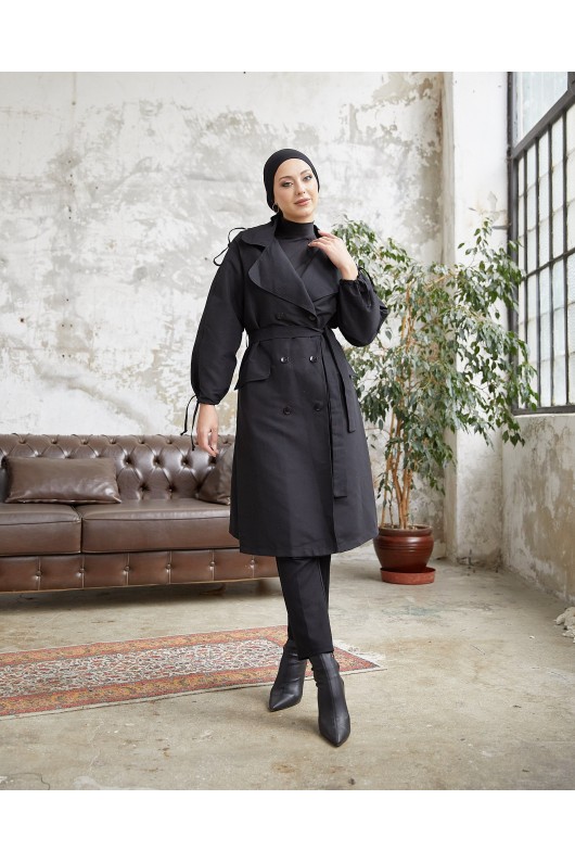 10543 - Tesettür Trençkot Si̇yah-F5