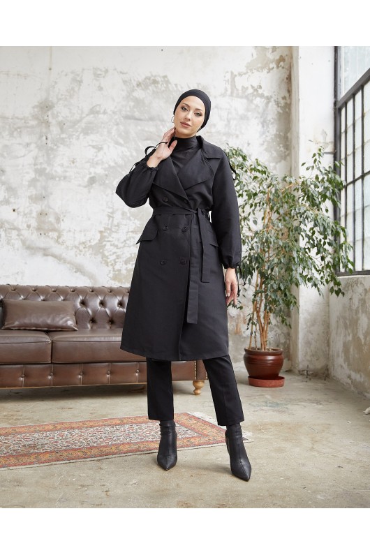 10543 - Tesettür Trençkot Si̇yah-F5