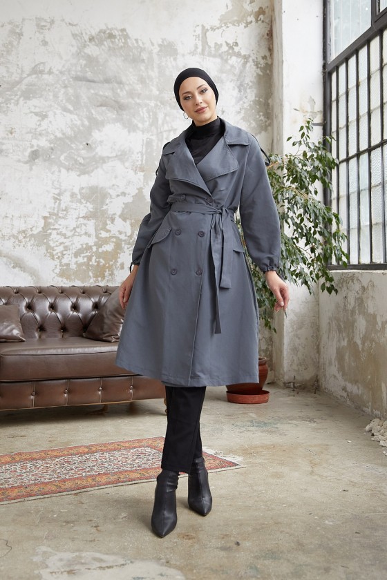 10543 - Tesettür Trençkot Gri̇-F5