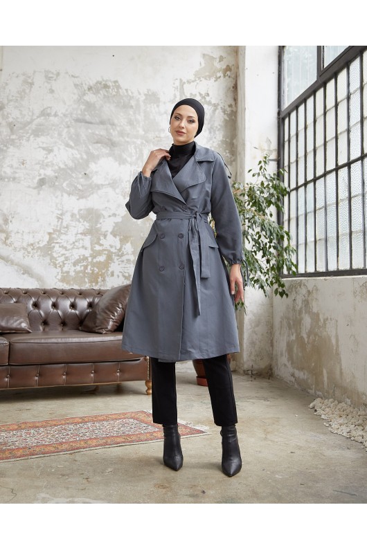 10543 - Tesettür Trençkot Gri̇-F5