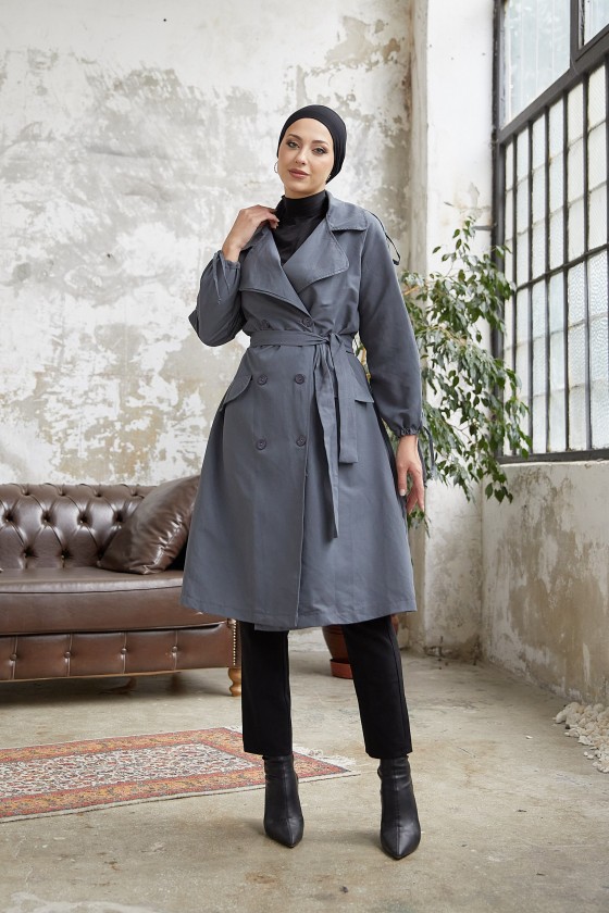 10543 - Tesettür Trençkot Gri̇-F5 10543 - Tesettür Trençkot Gri̇-F5
