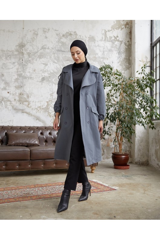 10543 - Tesettür Trençkot Gri̇-F5