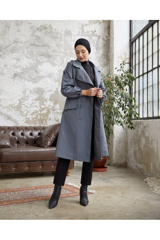 10543 - Tesettür Trençkot Gri̇-F5