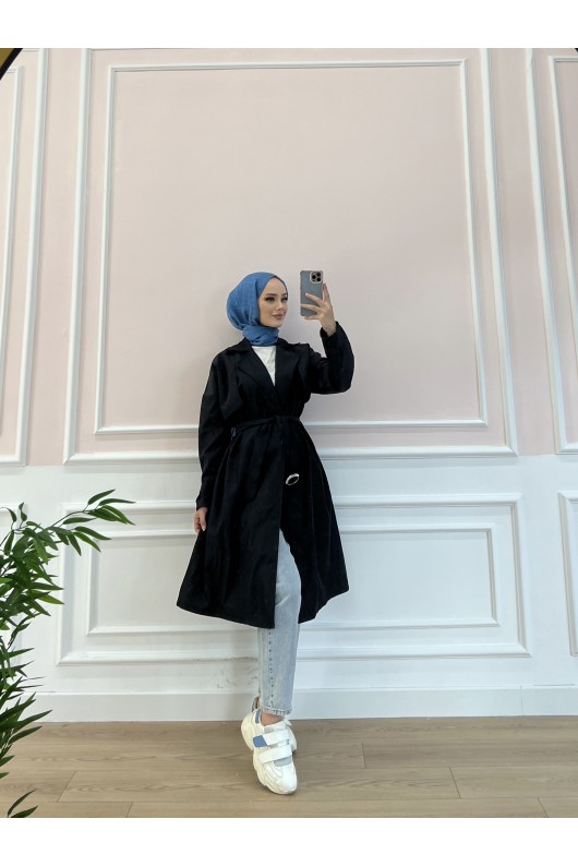 20002 - Tesettür Trençkot Si̇yah-F3