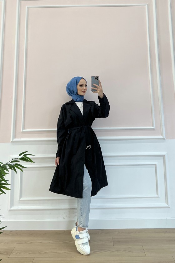 20002 - Tesettür Trençkot Si̇yah-F3