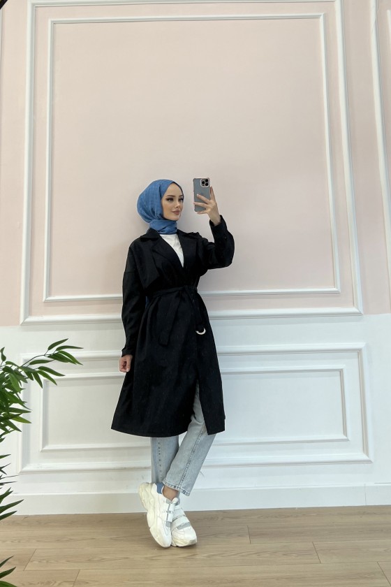 20002 - Tesettür Trençkot Si̇yah-F3