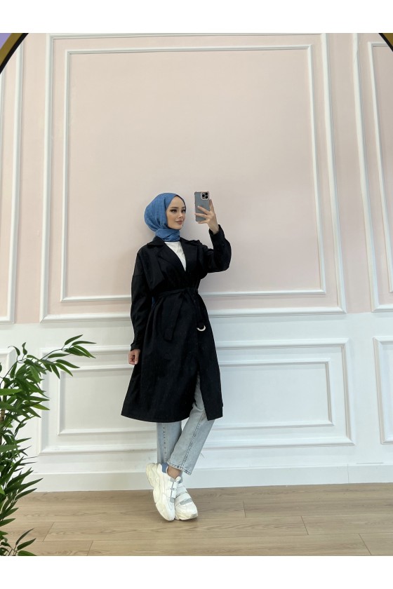 20002 - Tesettür Trençkot Si̇yah-F3