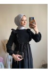 3698 - Triko Detaylı Tesettür Elbise Si̇yah-G6