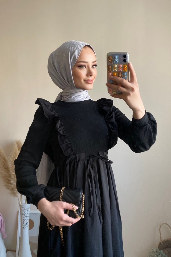 3698 - Triko Detaylı Tesettür Elbise Si̇yah-G6